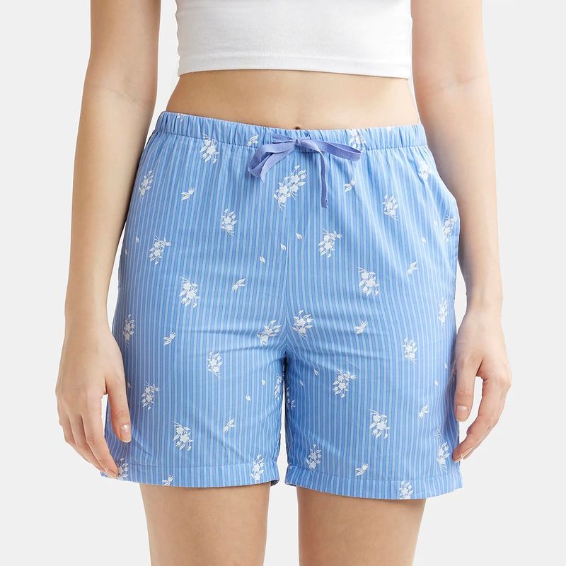 Jockey RX15 Women Super Combed Cotton Striped Shorts - Iris Blue Assorted Checks (L)