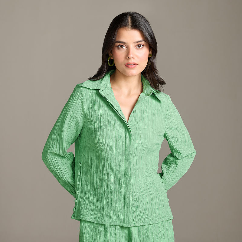 Twenty Dresses by Nykaa Fashion Light Green Textured Side Buttons Classic Shirt (XS)