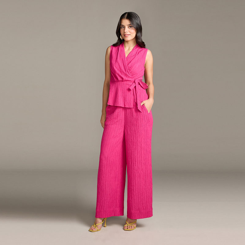 Twenty Dresses by Nykaa Fashion Fuchsia Pink Wrap V Neck Top High Waist Pant Co-Ord (Set of 2) (M)
