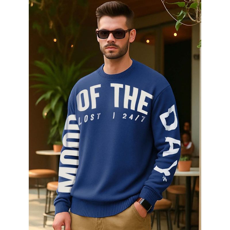 Bewakoof Men's Blue Of Mood Typography Flatknit Sweater (M)