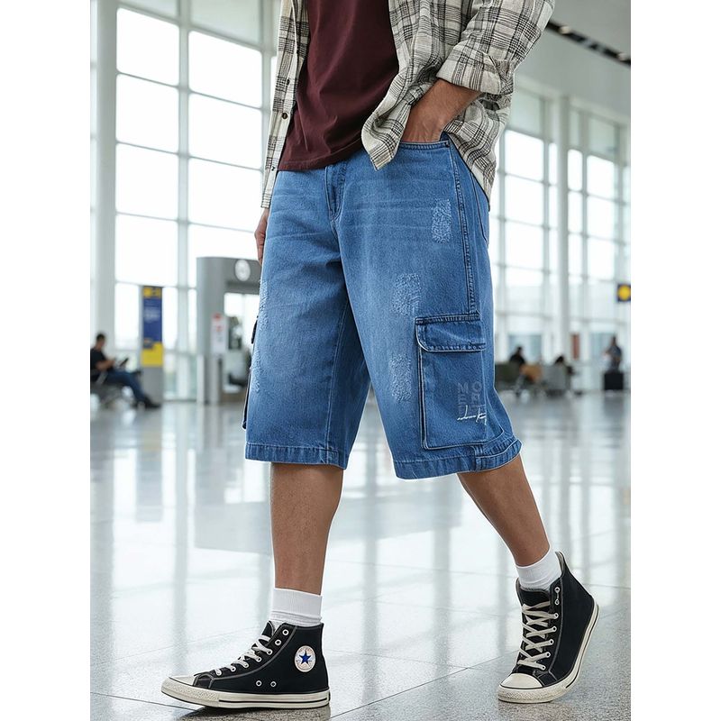 Bewakoof Men's Blue Washed Baggy Fit Cargo Shorts (XL)