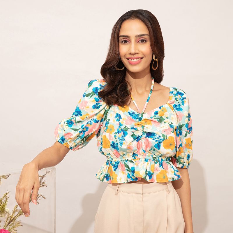 Twenty Dresses by Nykaa Fashion Multicolor Floral Printed Puff Sleeves Peplum Top (XS)