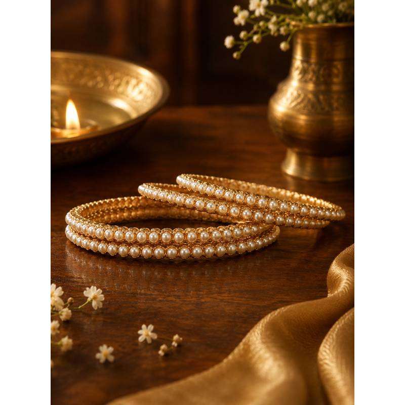 SUGARFRILL Gold Plated Pearl Row Slim Bangles (Pack of 4) (2.4 cm)