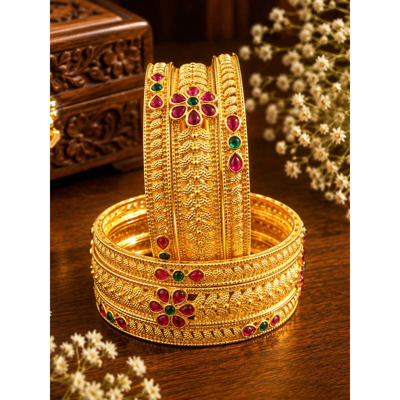 SUGARFRILL Gold Plated Floral Stone Bangles (Pack of 6) (2.4 cm)