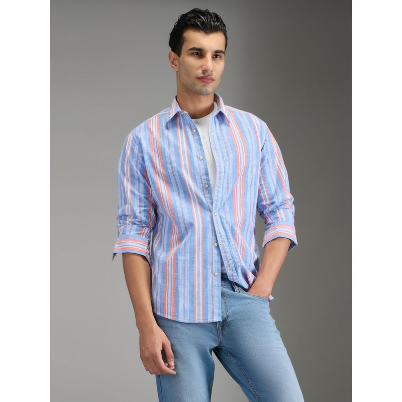 Pepe Jeans Blue Striped Men Full Sleeve Shirt (L)