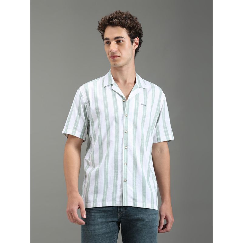 Pepe Jeans Men Green Striped Short Sleeves Shirt (M)