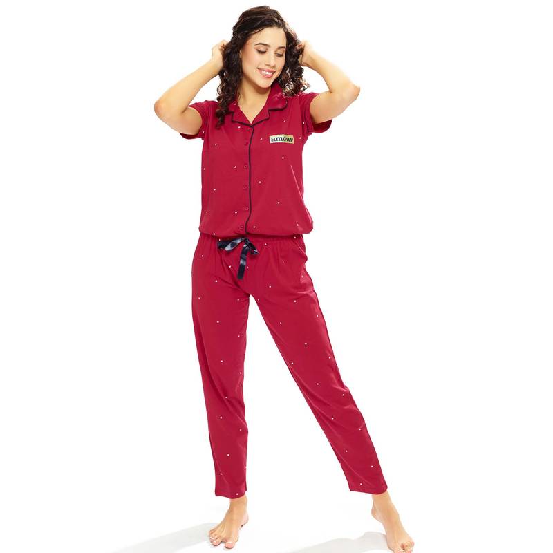 LOTIK Womens Cotton Maroon Heart Printed Front Open Half Sleeve Nightsuit Set (S)