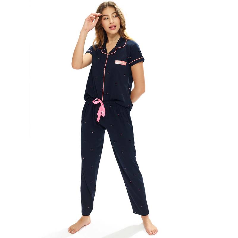 LOTIK Womens Cotton Blue Heart Printed Front Open Half Sleeve Nightsuit Set (S)