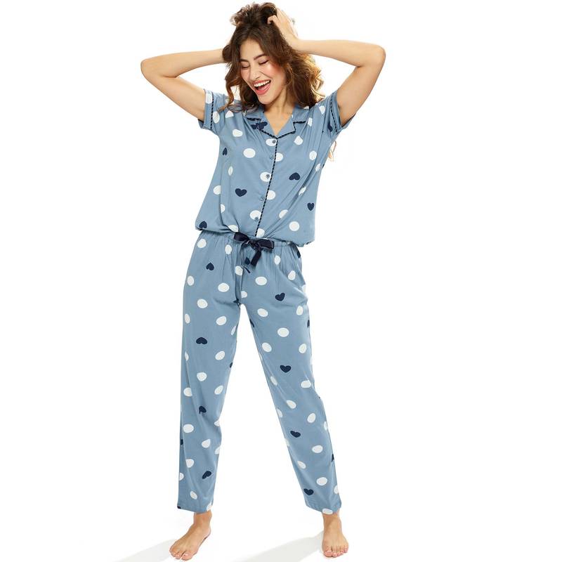 LOTIK Womens Cotton Sky Blue Polka Dots Printed Front Open Half Sleeve Nightsuit Set (S)