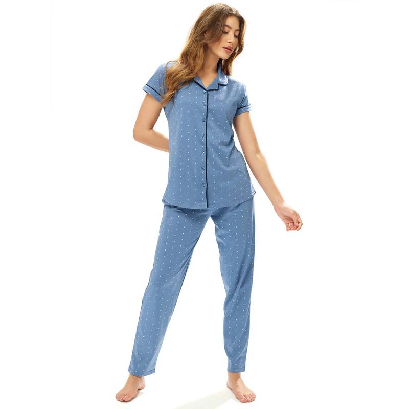 LOTIK Womens Cotton Blue Triangle Printed Front Open Half Sleeve Nightsuit Set (S)