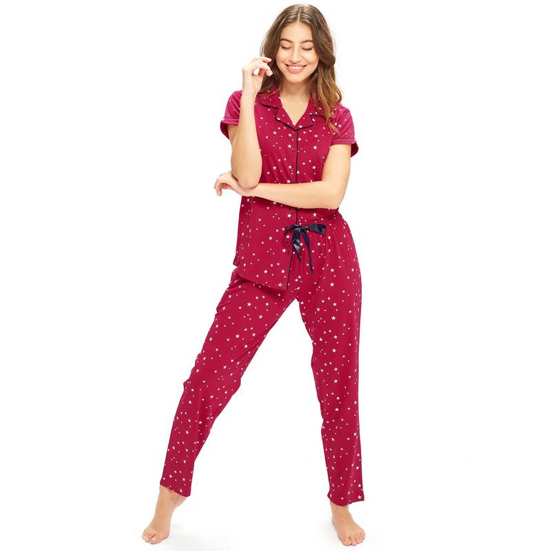 LOTIK Womens Cotton Maroon Star Printed Front Open Half Sleeve Nightsuit Set (S)