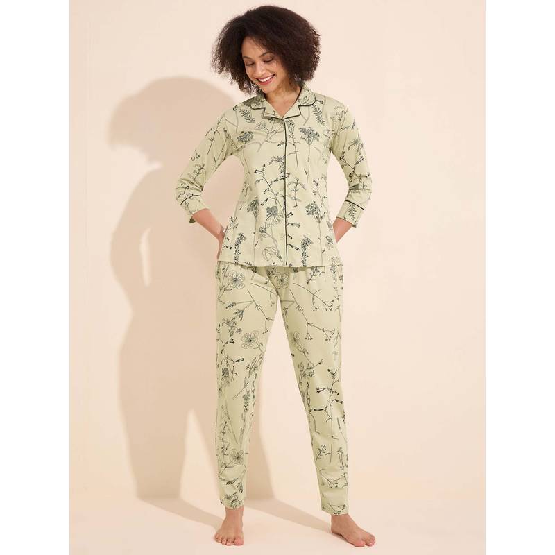 LOTIK Womens Cotton Olive Green Floral Printed Front Open Full Sleeve Nightsuit Set (S)