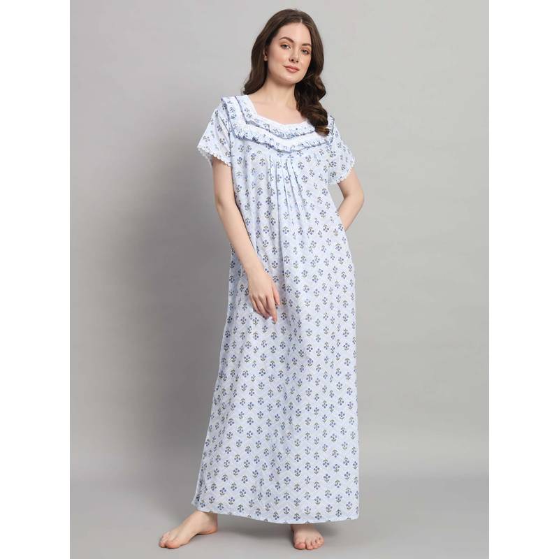 SEPHANI Women Cotton Nightdress Blue (L)