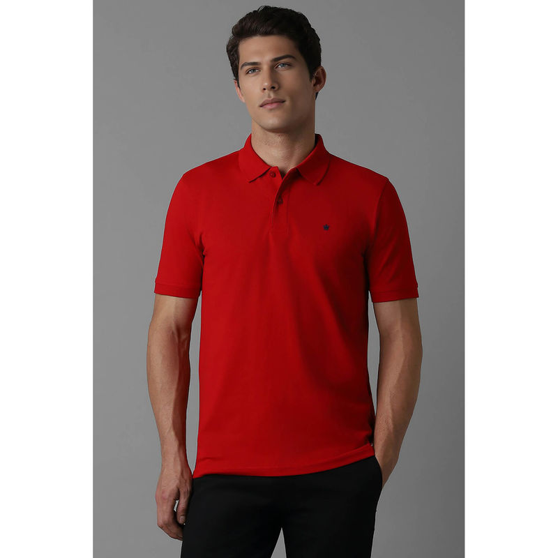 Louis Philippe Men Red Solid Collar Neck Polo T-Shirt (S)