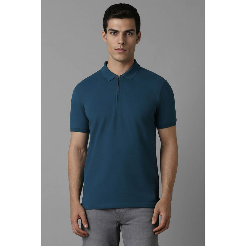 Louis Philippe Men Blue Solid Collar Neck Polo T-Shirt (M)