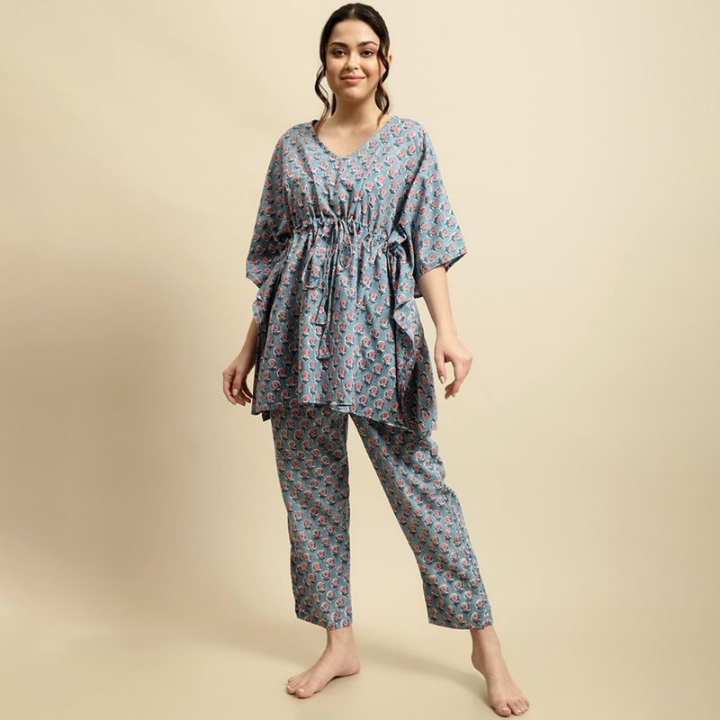 Secret Wish Womens Blue & Pink Floral Block Print Kaftan Night Suit (Set of 2) (S)