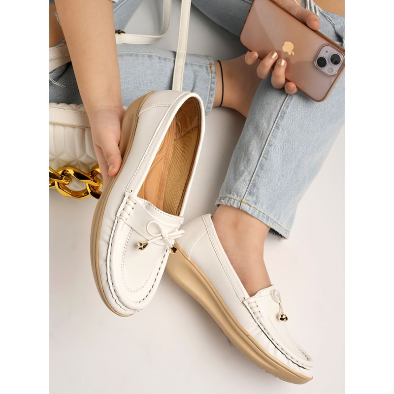 Shoetopia Upper Bow Detailed White Loafers for Women & Girls (EURO 39)
