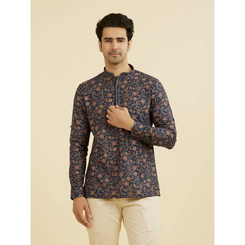 Manyavar Blue Floral Mandarin Neck Short Kurta (M)