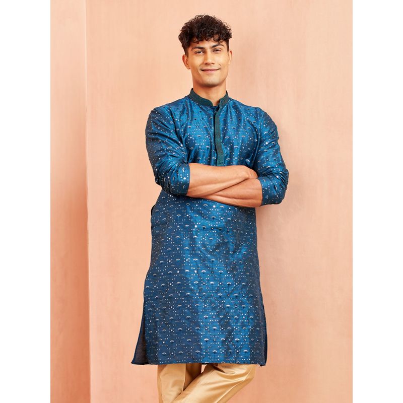 Vastramay Mens Navy Blue Silk Blend Kurta (L)