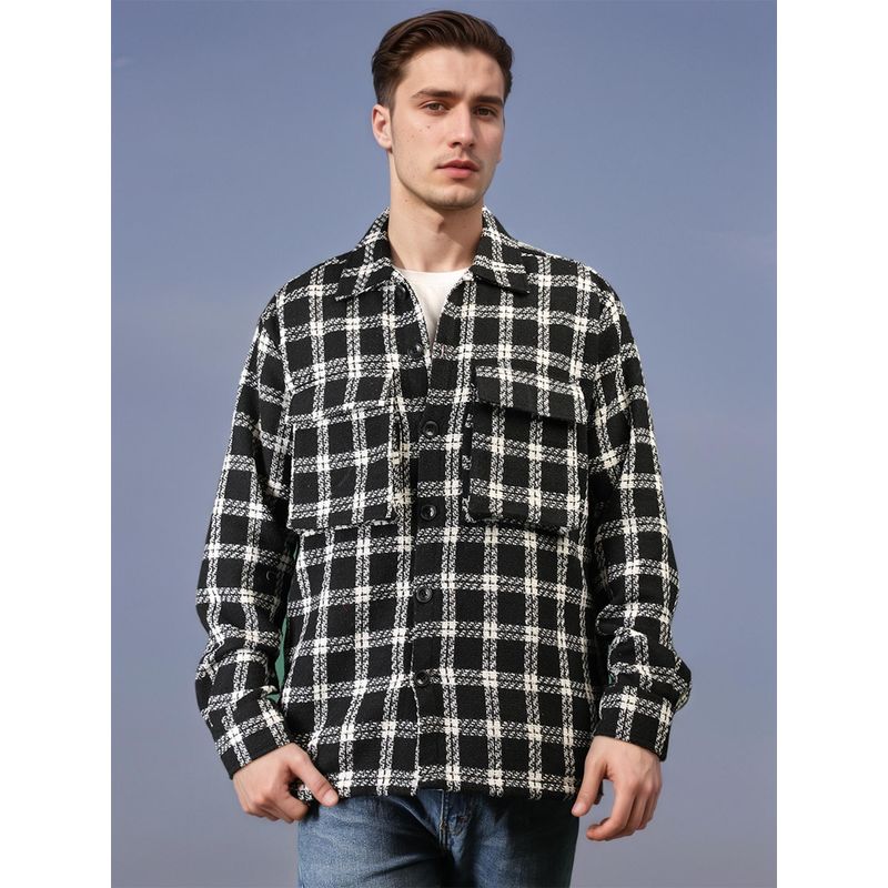 CHKOKKO Men Black White Winter Wear Checkered Shacket Collared Shirt (S)