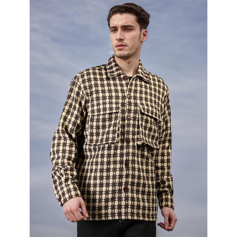 CHKOKKO Brown Beige Winter Wear Checkered Shacket Winter Wear Collared Shirt (S)