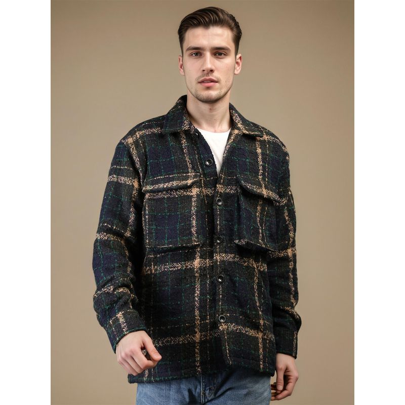 CHKOKKO Navy Blue Winter Wear Checkered Shacket Winter Wear Collared Shirt (S)