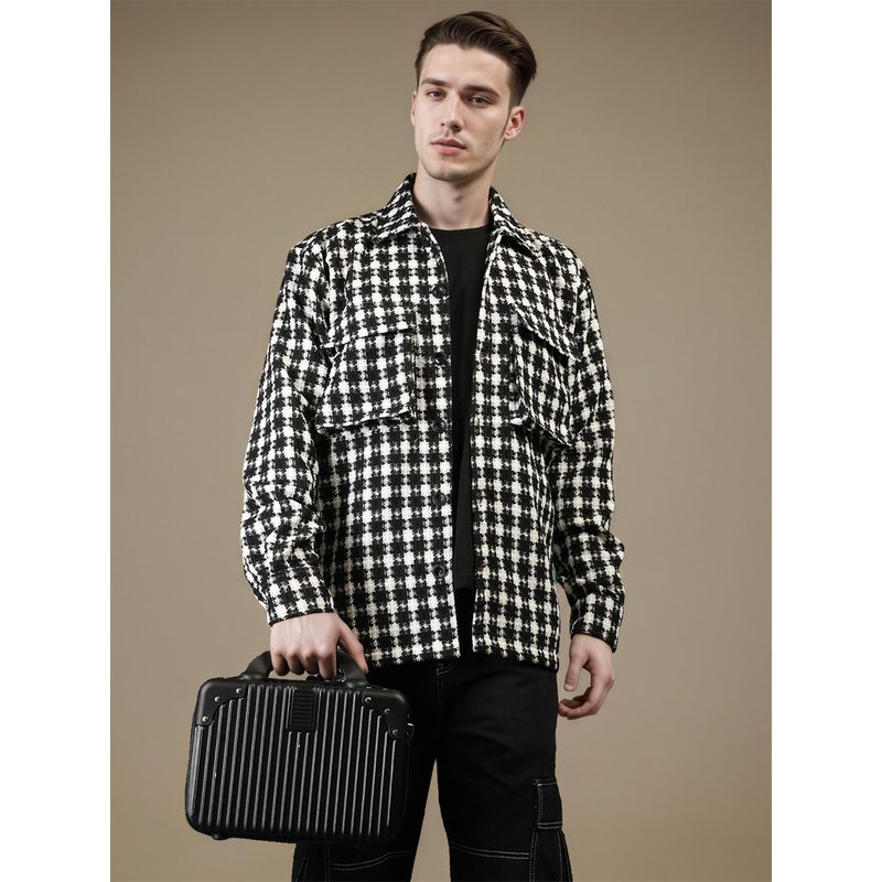 CHKOKKO White Black Winter Wear Checkered Shacket Winter Wear Collared Shirt (S)