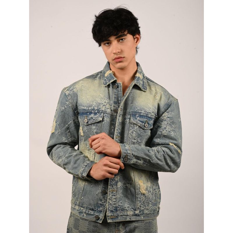 Odette Blue Denim Printed Jackets for Men (L)