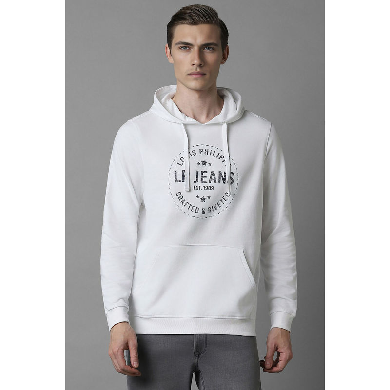Louis Philippe Men White Printed Hooded Sweatshirt (2XL)