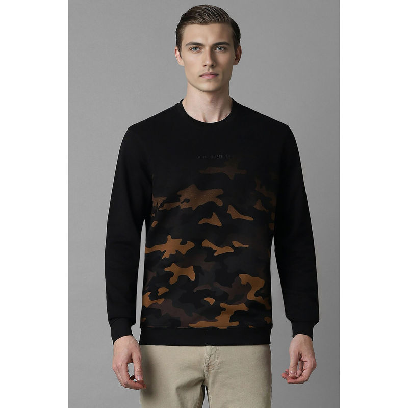 Louis Philippe Men Black Camouflage Crew Neck Sweatshirt (S)