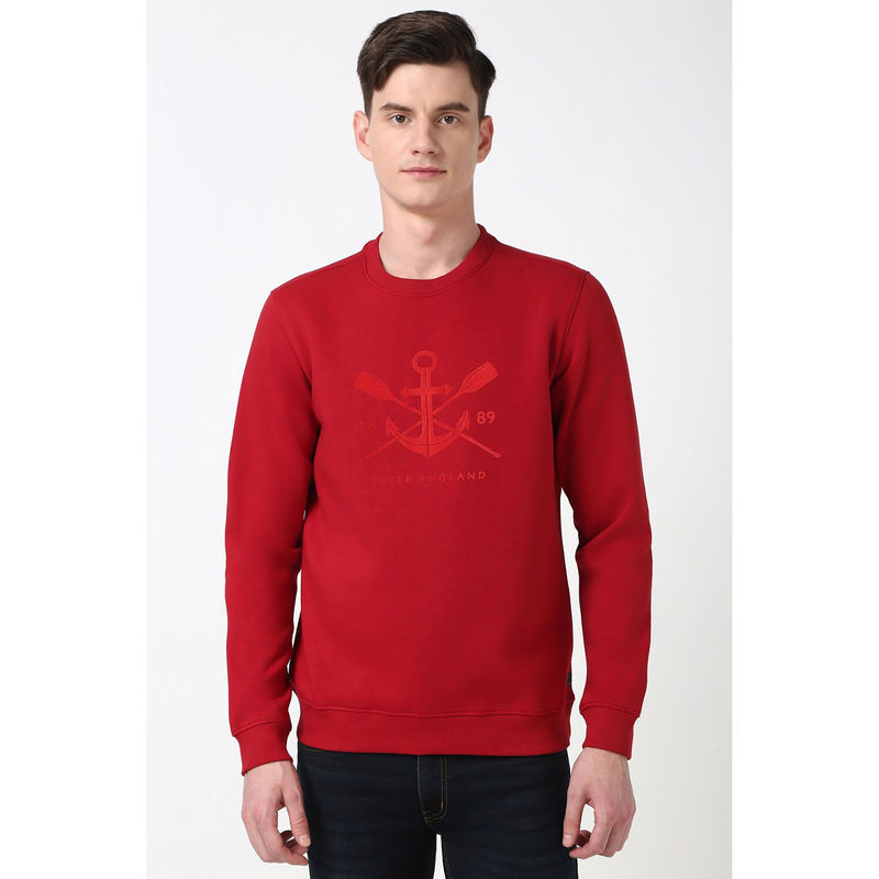 Peter England Men Red Solid Crew Neck Sweatshirt (M)