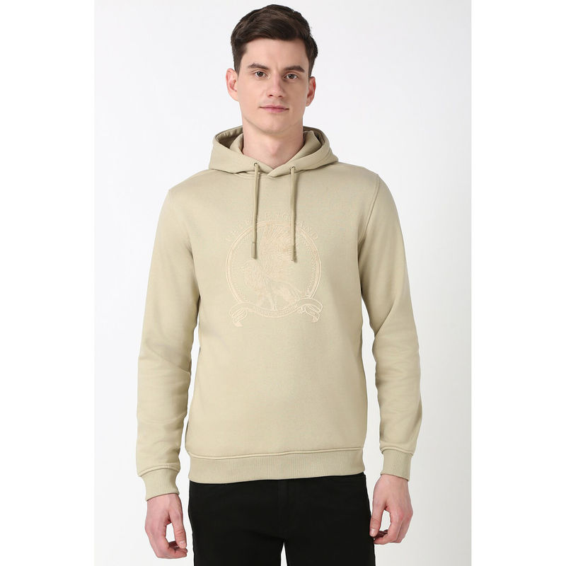 Peter England Men Beige Solid Hooded Hoodie (L)