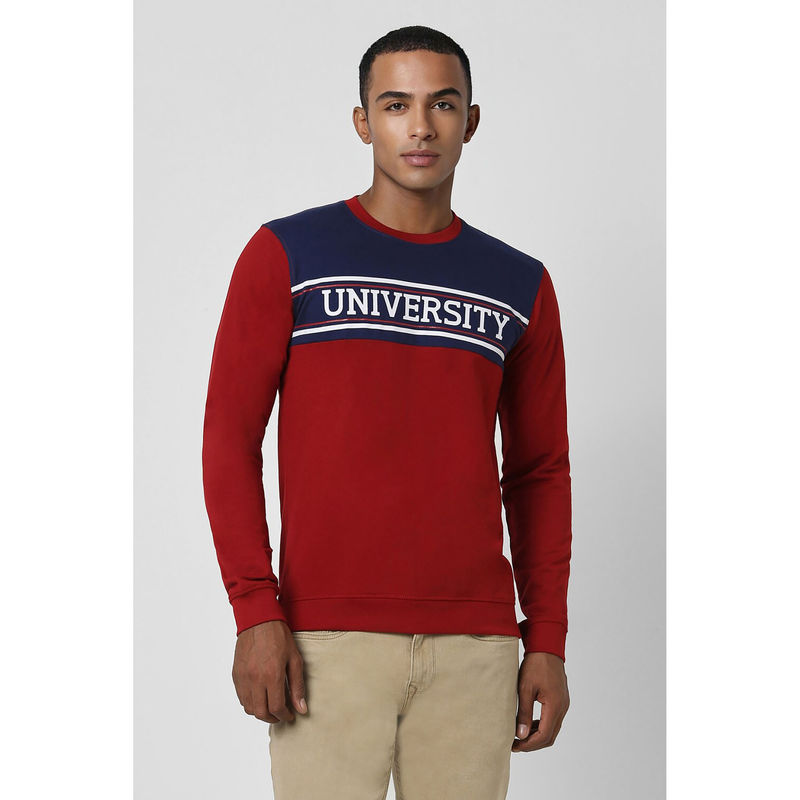 Peter England Men Red Colorblock Round Neck Sweatshirt (S)