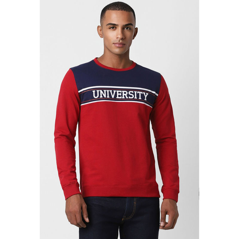 Peter England Men Red Colorblock Round Neck Sweatshirt (S)