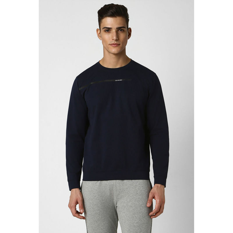 Van Heusen Men Navy Blue Solid Crew Neck Sweatshirt (M)