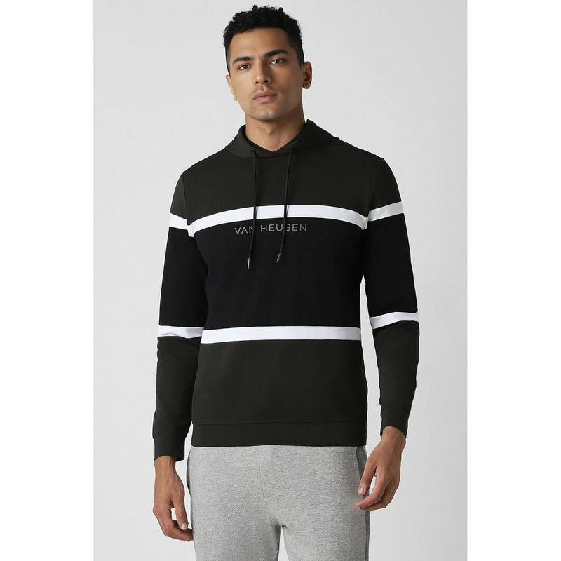 Van Heusen Men Green Stripes Hooded Hoodie (S)