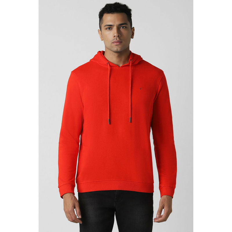 Van Heusen Men Red Solid Hooded Hoodie (XL)