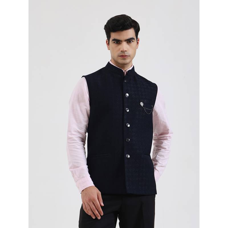 JB Studio Men's Geometric Blue Nehru Jacket (36)