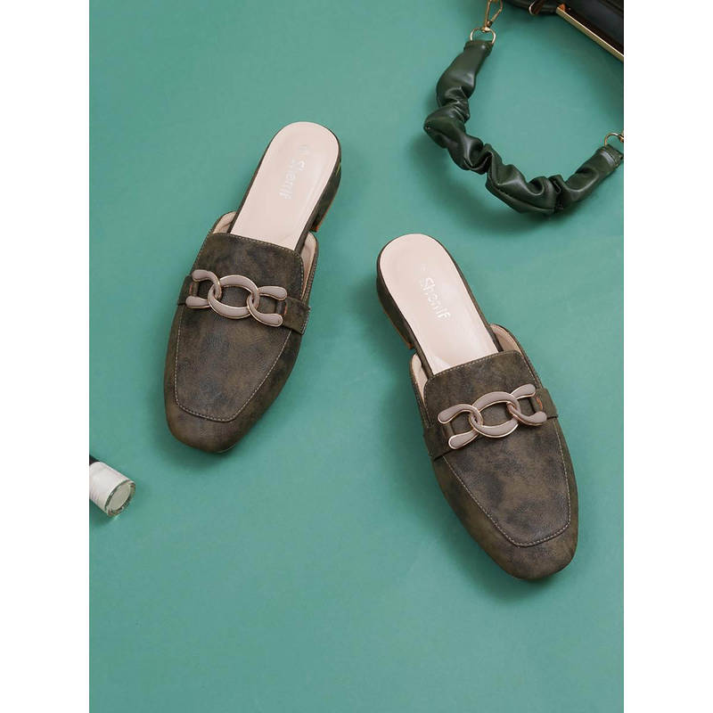 Sherrif Shoes Womens Buckle Detail Lightweight Suede Block Heel Mules - Olive (EU 34)