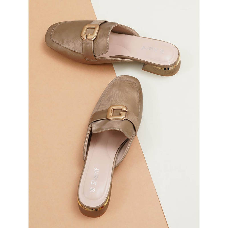 Sherrif Shoes Womens Buckle Detail Lightweight Suede Block Heel Mules - Copper (EU 38)