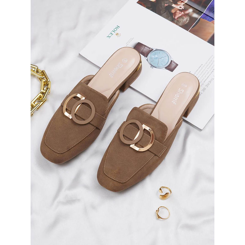 Sherrif Shoes Womens Buckle Detail Lightweight Suede Block Heel Mules - Brown (EU 38)