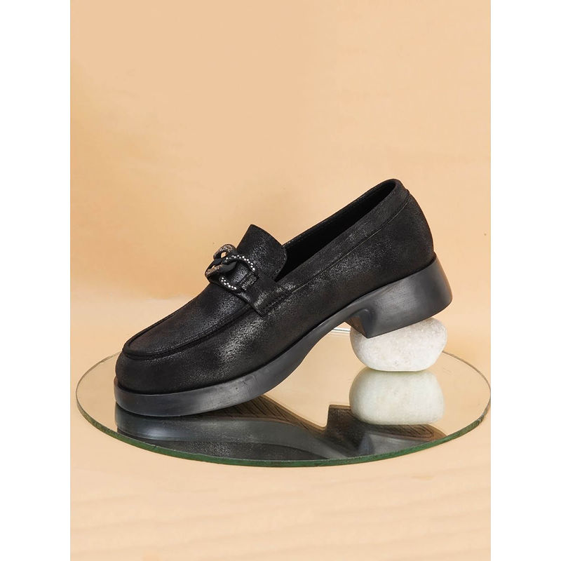 Sherrif Shoes Women Suede with Chain Detail Black Slip-On Loafers (EURO 37)
