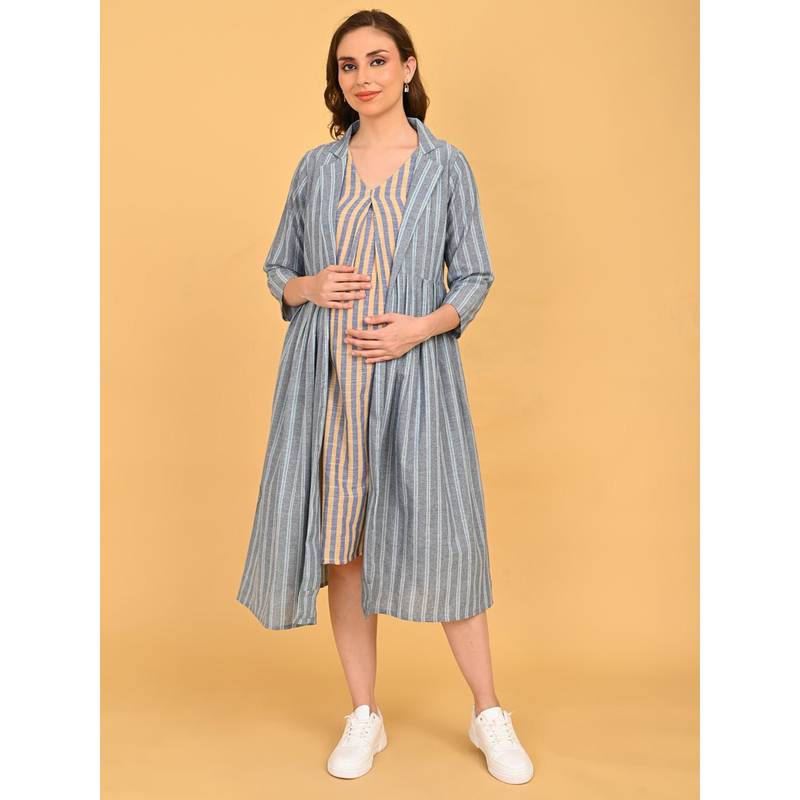The Mom Store Blue Stripes A-Line Dress (L)