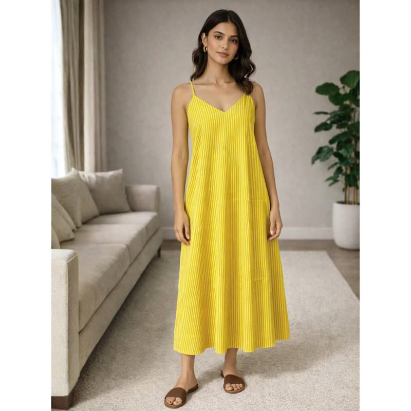FEATHERS CLOSET Yellow Stripes Regular Dress (S/M)