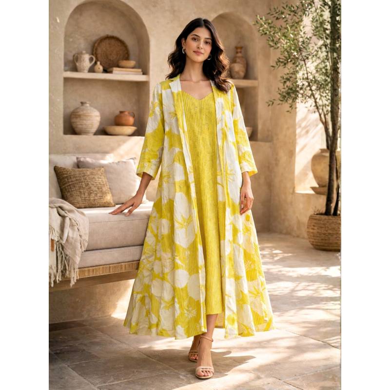 FEATHERS CLOSET Yellow Floral Regular Dress and Robe (2XL/3XL)