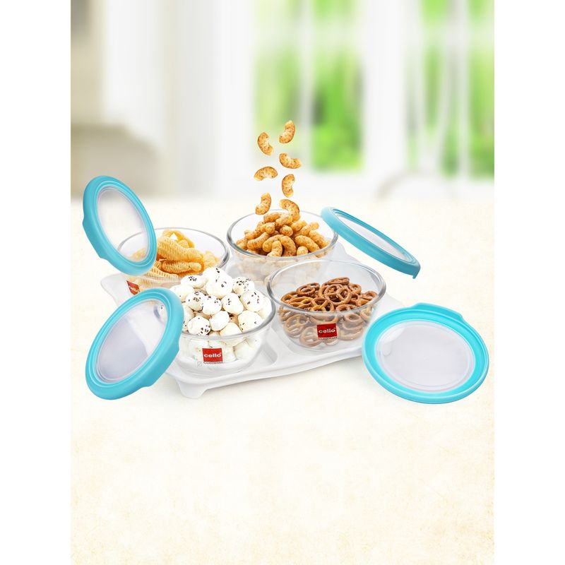 Buy CELLO Snack Tray Set, Serving Bowls, Microwave Safe, 320 ml Each (Set of 5) with Tray Online