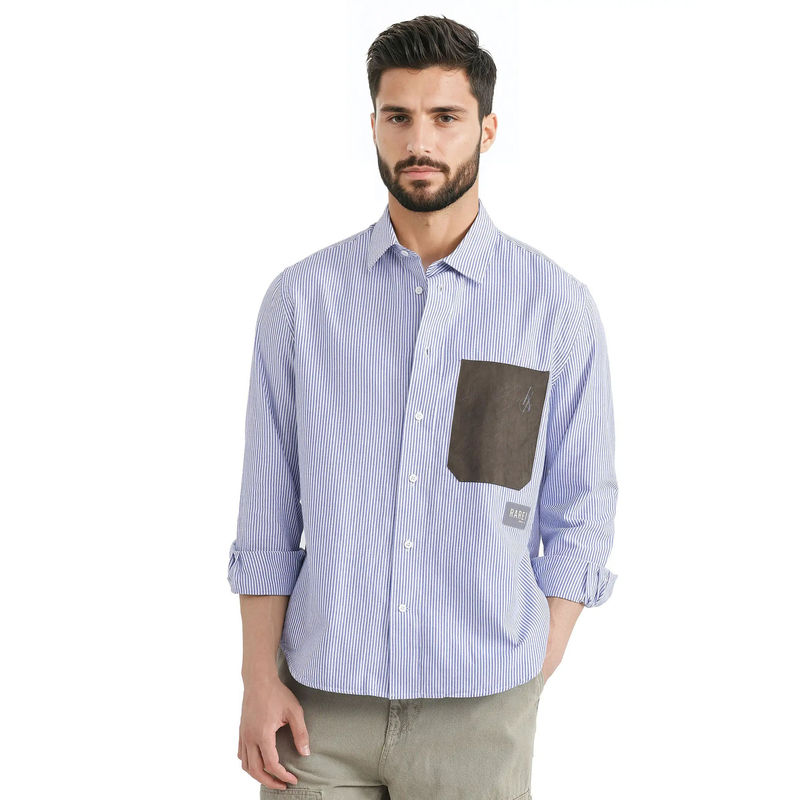 Rare Rabbit Men Blue Stripes Casual Shirt (M)