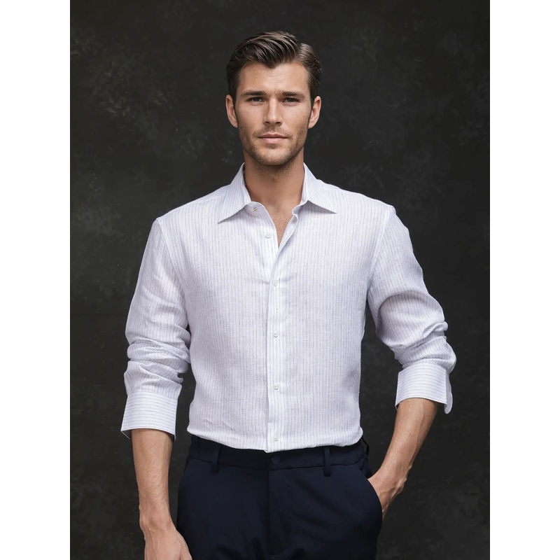 Rare Rabbit Men White Stripes Formal Shirt (L)