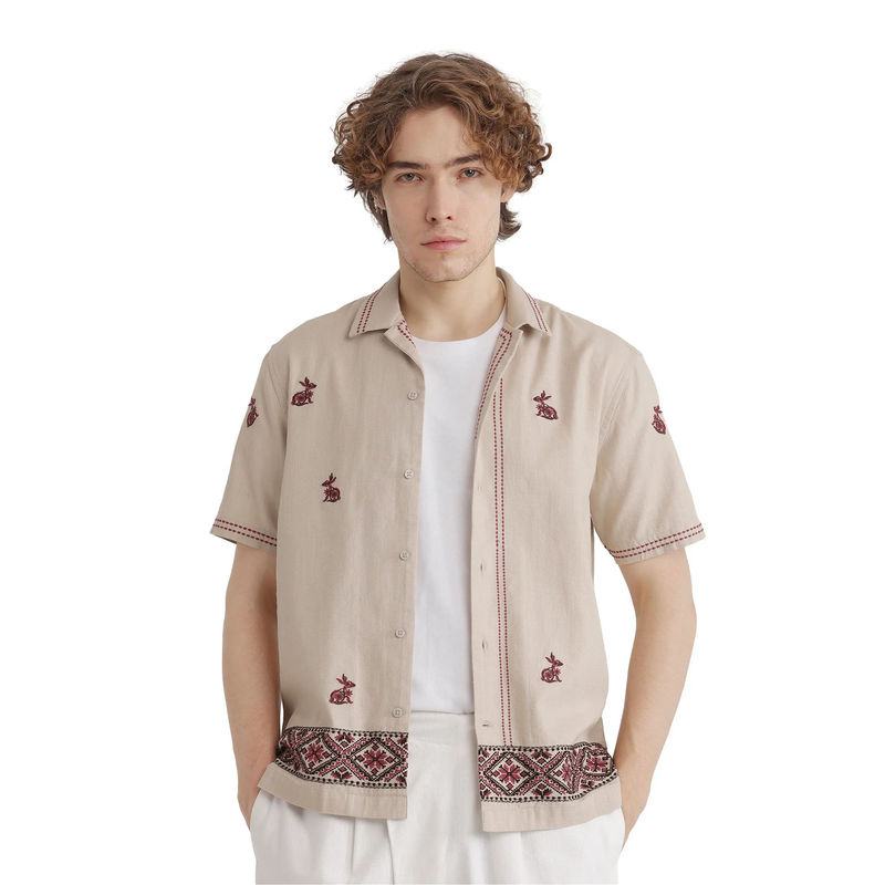 Rare Rabbit Men Beige Embroidered Casual Shirt (L)