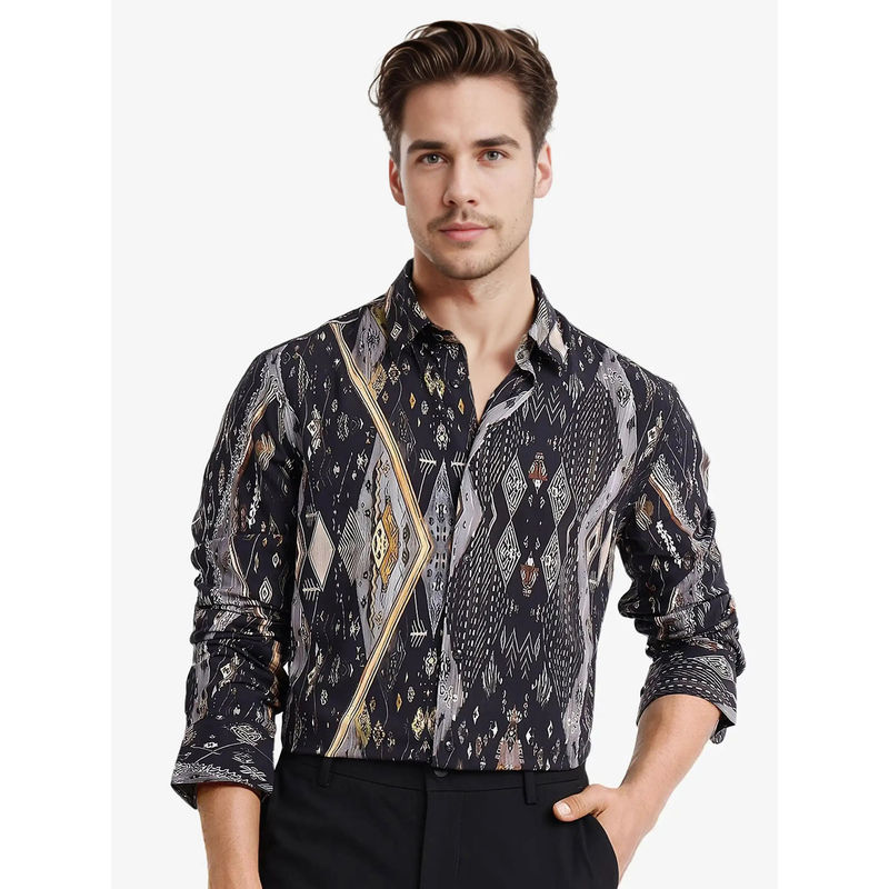 Rare Rabbit Men Black Printed Casual Shirt (XL)